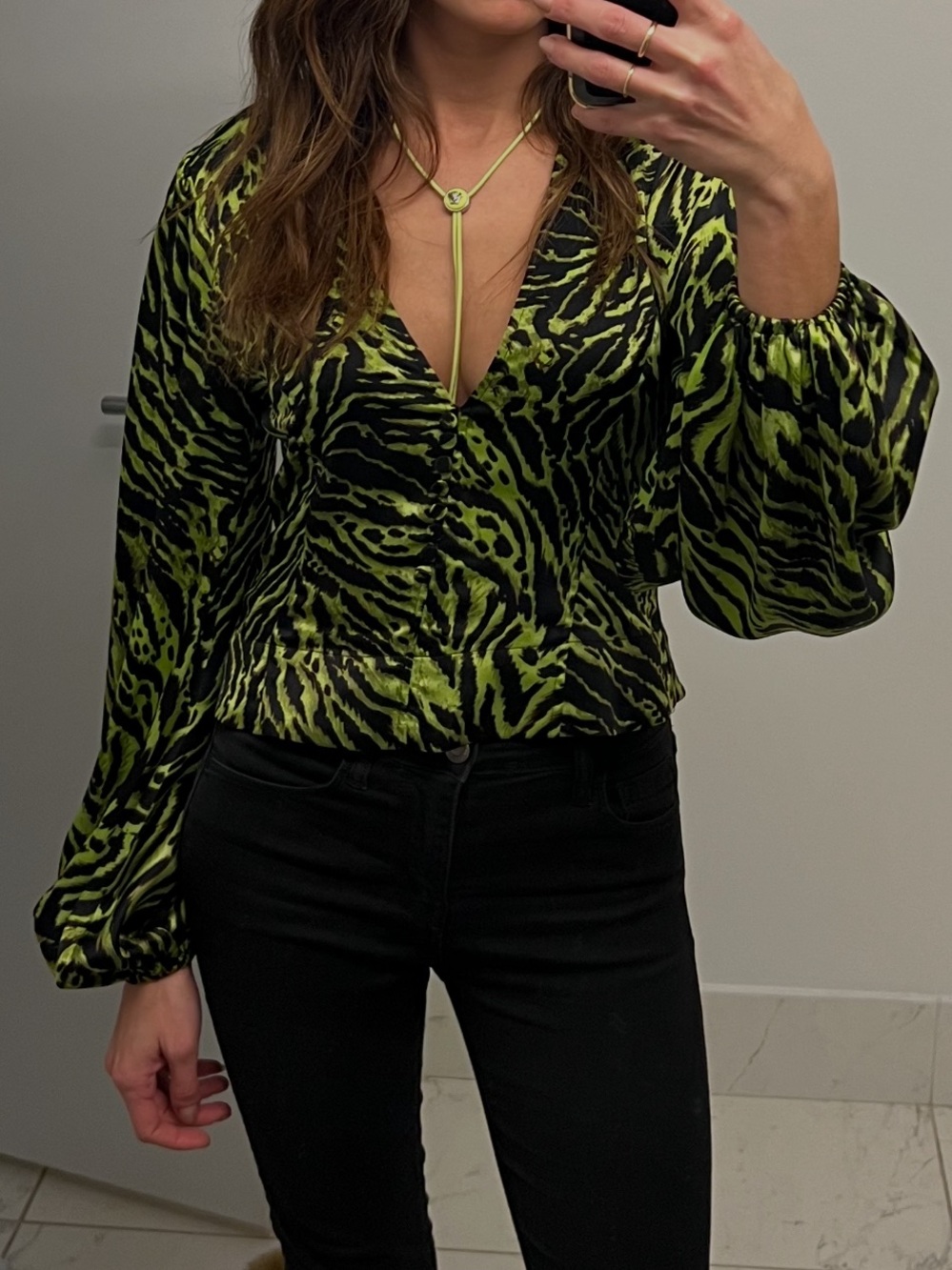 Ganni Green Animal-Print V-Neck Long-Sleeve Top